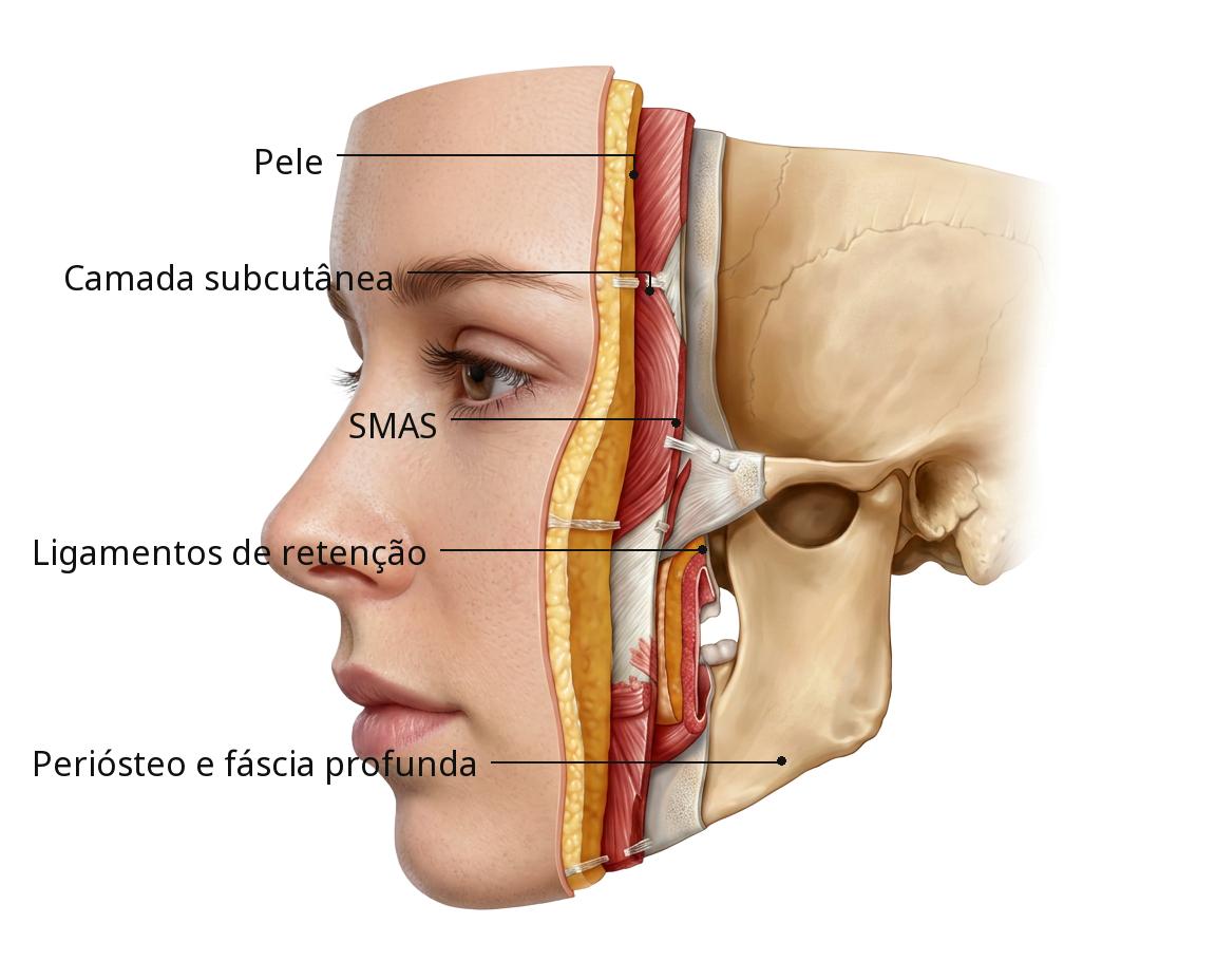 Anatomia facial mostrando pele, subcutâneo, SMAS, ligamentos e periósteo